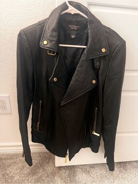 Victoria's Secret Black Leather Biker Jacket with Gold Hardware